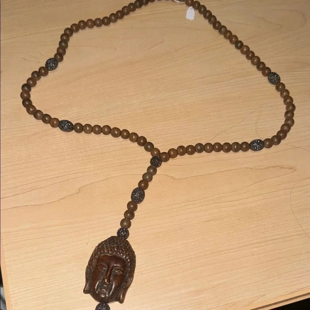 Buddah Head Pendant VINTAGE Beaded Necklace - Long Wooden & Rhinestone Beaded